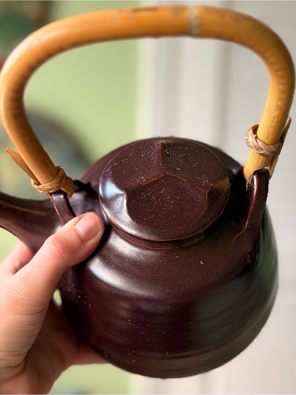 Vintage Pottery Ceramic Burgundy Oriental Teapot Kettle with Bamboo Handle - Picture 6 of 9